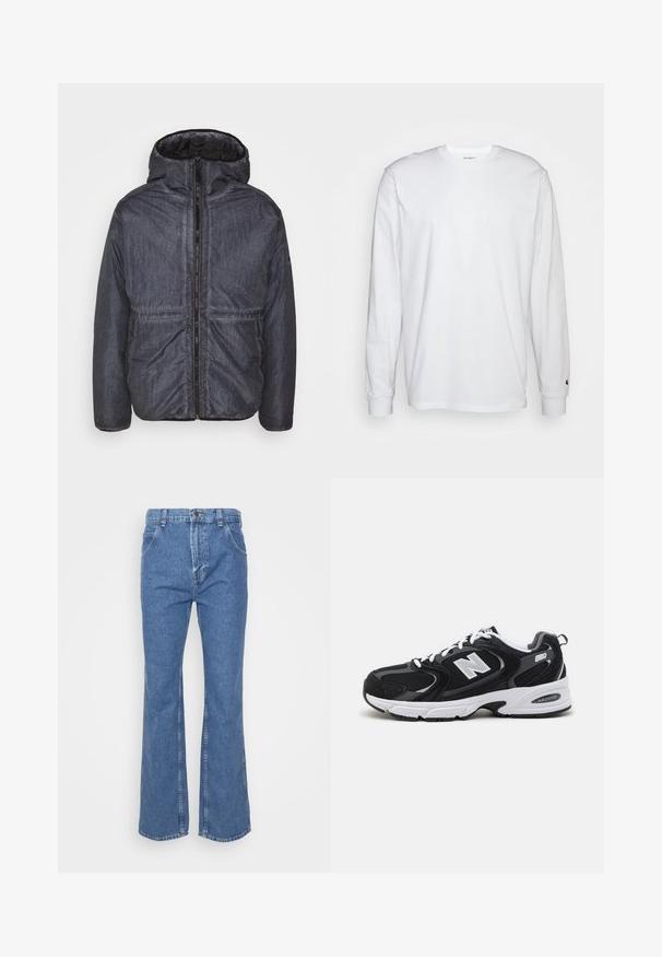 BDG Urban Outfitters ACID PADDED HOOD JACKET - Ελαφρύ μπουφάν - navy; Λευκό μπλουζάκι με μακριά μανίκια από βαμβάκι. Σχέδιο crew neck με ριμπ μανίκια και μικρό λογότυπο στο αριστερό μανίκι. Λείος υφάνσεις.; Μπλε τζιν παντελόνι με καμπάνα και ψηλή μέση, διαθέτει θηλιές ζώνης, μπροστινές τσέπες και κλασικό κλείσιμο με κουμπί. Λείο υφή, ευθείες ραφές.; Μαύρα και γκρι αθλητικά παπούτσια με ανώτερο μέρος από δίχτυ και σουέτ, διαθέτοντας λευκή ενδιάμεση σόλα, κορδόνια και έντονο λογότυπο "N" στο πλάι.