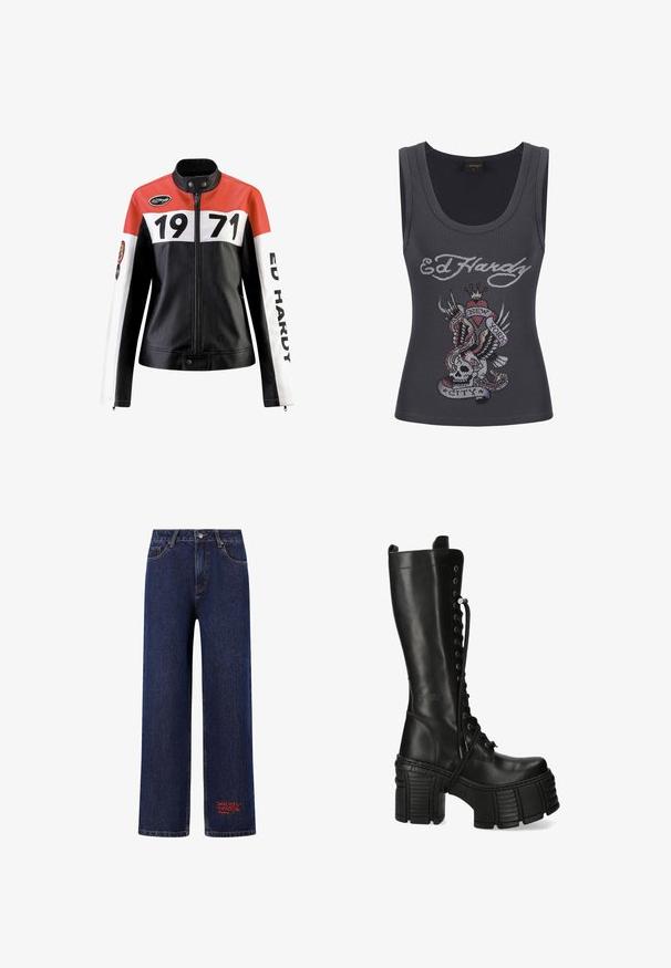 Lederjacke mit einem rot, weiß und schwarzen Farbschema; besitzt auffällige schwarze Zahlen "1971" und den Text "ED HARDY" auf den Ärmeln.; Graues Tanktop mit rundem Halsausschnitt, das ein farbenfrohes Strassdesign eines Schädels, Flügeln, eines Herzens und eines Banners mit der Aufschrift "NEW YORK CITY" zeigt.; Dunkelblaue Jeans mit geradem Bein, Fronttaschen, Knopf- und Reißverschluss sowie kleinem roten gesticktem Don Ed Hardy-Logo nahe dem Saum.; Hoher schwarzer Leder-Plateaustiefel mit dicker Grippsohle, Blockabsatz und vorderer Schnürung.