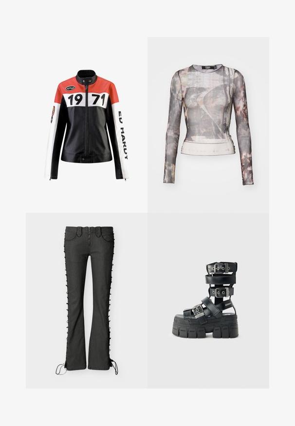 Læderjakke med en rød, hvid og sort farveskema; har fede sorte numre "1971" og teksten "ED HARDY" på ærmerne.; Langærmet, gennemsigtig bluse med et gråbrunt abstrakt mønster, rund halsudskæring og tætsiddende silhuet med let stræk.; Flared sorte denimbukser med snøredetaljer i siden, der har lynlås foran og fire lommer. Glat tekstur og tætsiddende silhuet.; Sort platåsandal med tyk sål med mønster, flere justerbare remme, sølvfarvede spænder og ankelhøjt design.