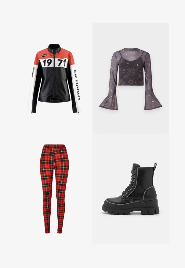 Læderjakke med en rød, hvid og sort farveskema; har fede sorte numre "1971" og teksten "ED HARDY" på ærmerne.; Gennemsigtig sort langærmet cropped top med prikkede flæser, himmelsk sol-, måne- og stjernemønster, der har et indre camisetlag.; Røde ternede leggings med et sort og hvidt firkantet mønster. Lavet af strækbart materiale med høj talje.; Sorte læder ankelstøvler med en kraftig gummisål, med snørebånd foran, lynlås på siden og sølvfarvede lynlåsdetaljer.