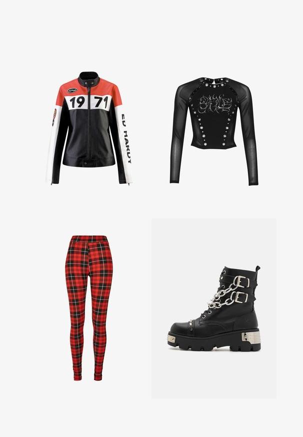 Læderjakke med en rød, hvid og sort farveskema; har fede sorte numre "1971" og teksten "ED HARDY" på ærmerne.; Sort langærmet mesh top med metalliske øjnehuller langs frontpanelet og kraven, med sølv gothisk tekst på brystet.; Røde ternede leggings med et sort og hvidt firkantet mønster. Lavet af strækbart materiale med høj talje.; Koi Footwear SHACKLED SHADOWS HEAVY DUTY CHAIN - Cowboy- / bikerstøvlette - black