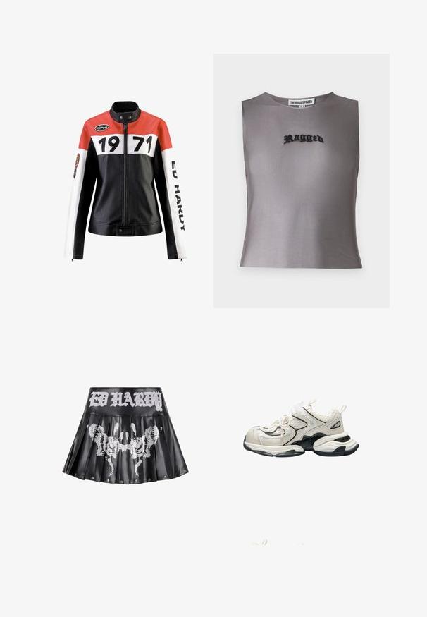 Læderjakke med en rød, hvid og sort farveskema; har fede sorte numre "1971" og teksten "ED HARDY" på ærmerne.; Grå ærmeløs crop top lavet af et gennemsigtigt stof, med sort broderet tekst "Ragged" i midten. Enkel, moderne design.; Sort plisseret nederdel med en blank finish, der har et hvidt "ED HARDY" logo og tigergrafik i midten. Metalnitter pryder kanten.; Kraftig hvid og sort atletiksko med mesh-paneler, tyk sål og trækflapper på hæl og tunge, vist fra siden.