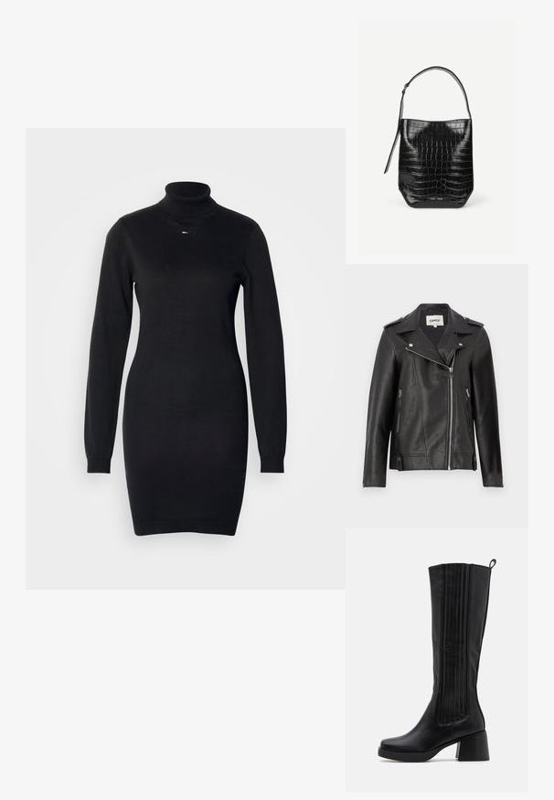 Chaqueta de motociclista de cuero negro con cuello muesca, cierre asimétrico en la parte delantera y bolsillos laterales. Presenta herrajes plateados y un acabado texturizado.; Vestido negro de cuello alto hecho de tejido de punto, con mangas largas y un corte ajustado. Pequeño logo en la parte del pecho; textura suave.; Bota negra de cuero liso que llega hasta la rodilla, con acentos verticales acanalados, un tacón grueso y un diseño de punta redonda.; Bolso tipo saco de piel negra con relieve de cocodrilo, con una sola correa para el hombro y un pequeño logo de la marca en plata en el centro inferior frontal.