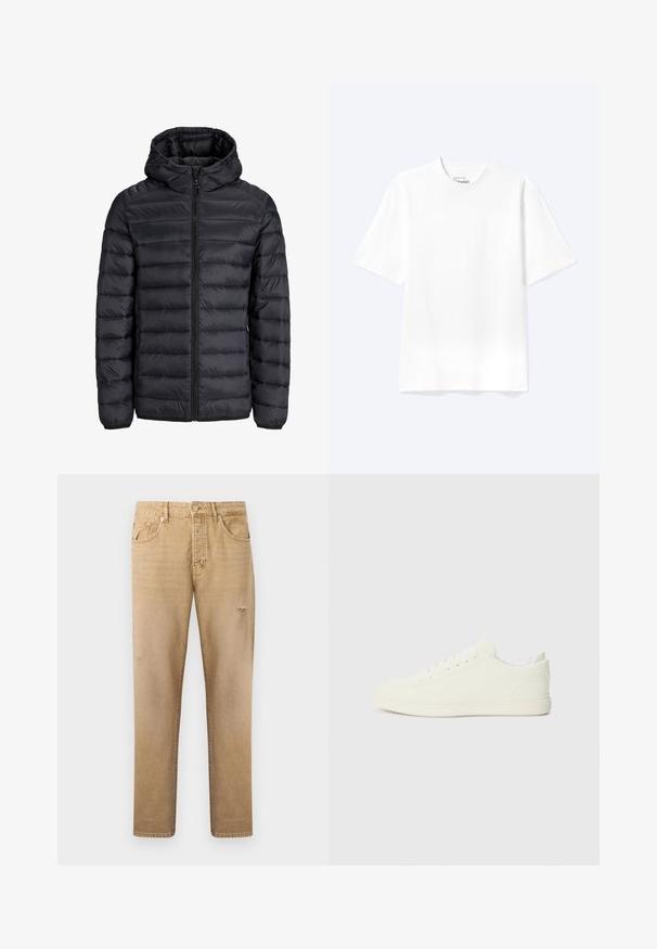 Chaqueta negra ligera acolchada con acolchado horizontal, cremallera frontal, capucha con cordones y bolsillos laterales con cremallera, exhibida sobre una superficie plana.; Camiseta lisa blanca de manga corta y cuello redondo con un corte relajado, mostrada sobre un fondo claro.; Vaqueros beige de pierna recta con bolsillos delanteros, trabillas para cinturón y detalles sutiles desgastados en muslos y rodillas.; Zapatillas blancas con parte superior de textura suave, punta redonda y cordones tradicionales, con un diseño minimalista y suela de goma.