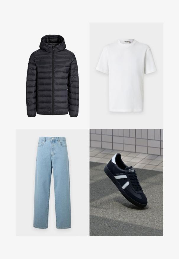 Chaqueta negra ligera acolchada con acolchado horizontal, cremallera frontal, capucha con cordones y bolsillos laterales con cremallera, exhibida sobre una superficie plana.; Camiseta blanca de manga corta con cuello redondo y tejido de waffle, con una pequeña etiqueta de la marca en el interior del cuello, mostrada sobre un fondo liso.; Vaqueros de pierna ancha de un azul claro, hechos de denim, con cierre frontal de botón, diseño tradicional de cinco bolsillos y un ajuste relajado.; Zapatilla de cuero negra con rayas blancas, suela de goma texturizada y parte frontal con cordones. Cuenta con una etiqueta de marca en la lengüeta.