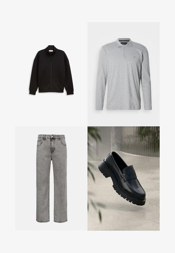 Veste noire zippée avec col montant, manches longues, et poignets et ourlet côtelés, présentée sur un fond uni.; Polo gris à manches longues en tissu doux, équipé d'une fermeture éclair à moitié, d'un col classique et d'un petit logo sur la poitrine.; Jean en denim gris à jambes droites avec bouton et fermeture éclair à l'avant, poches avant et arrière, et coutures visibles.; Mocassins en cuir noir avec une semelle à crampons épaisse, dotés d'une sangle décorative et de détails de couture. Texture lisse avec une finition polie.