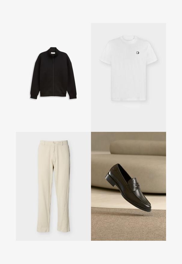 Veste noire zippée avec col montant, manches longues, et poignets et ourlet côtelés, présentée sur un fond uni.; T-shirt blanc à manches courtes et col rond avec petit logo "D" noir sur la poitrine gauche, sur fond gris clair uni.; Pantalon beige à jambes droites avec passants pour ceinture, fermeture par bouton, et poches avant, présenté sur un fond blanc uni.; Mocassin en cuir noir flottant au-dessus d'un tapis beige avec un canapé beige en arrière-plan, mettant en valeur le design classique pour hommes sans lacets.