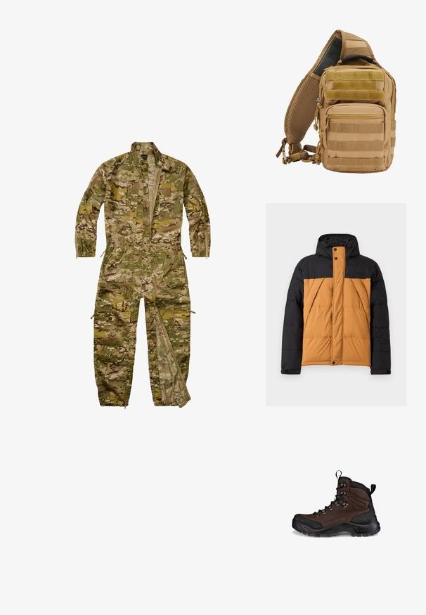 Sort og brunt polstret vinterjakke med hætte, frontlynlås dækket af en knaplukning, og vinklede sidelommer.; Heldækkende militær-inspireret camouflage-dragtt med lange ærmer, lynlås foran, flere lommer og elastiske manchetter ved ben og håndled.; Brun vandresko med et struktureret læderoverdel, sort gummitåhætte, forstærkede snørrebukser og en robust sål til godt greb.; Tan taktisk rygsæk med flere lommer, webbing remme, polstret mesh ryg, lynlåse og forstærkede sømme for holdbarhed.