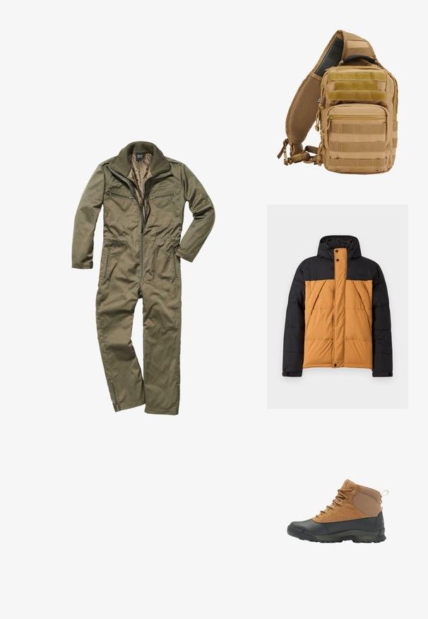 Sort og brunt polstret vinterjakke med hætte, frontlynlås dækket af en knaplukning, og vinklede sidelommer.; Oliven grønt jumpsuit lavet af holdbart stof, med lynlås foran, ribbet krave og flere lynlåslommer på brystet og siderne.; Sorel Snørestøvletter - elk black; Tan taktisk rygsæk med flere lommer, webbing remme, polstret mesh ryg, lynlåse og forstærkede sømme for holdbarhed.