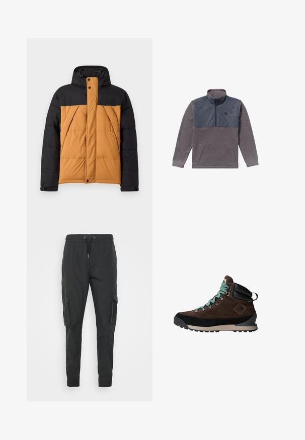 Zwarte en bruine gewatteerde winterjas met capuchon, voorrits bedekt door een met knopen sluitende flap en schuin geplaatste zijzakken.; Grijze fleece trui voor heren met lange mouwen, marineblauw nylon borstpaneel en een kwart ritssluiting bij de kraag, met twee voorzakken.; Zwarte cargobroek van lichtgewicht stof, met een verstelbare trekkoord taille, elastische manchetten en twee zijzakken.; Bruine wandelschoen met een suède bovenwerk, zwarte accenten en turquoise veters. Beschikt over een robuuste zool en versterkte enkelsteun.