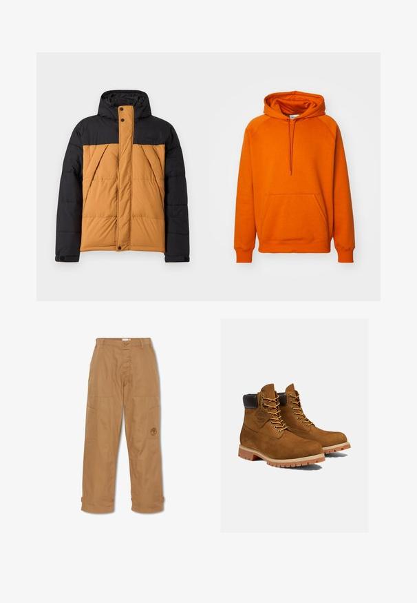 Chaqueta de invierno acolchada negra y marrón con capucha, cremallera frontal cubierta por una solapa con botones y bolsillos laterales en ángulo.; Sudadera naranja con un bolsillo canguro frontal, capucha con cordón y puños acanalados. Fabricada con un tejido suave y de textura lisa.; Pantalones de trabajo color caqui, hechos de una tela resistente, cuentan con múltiples bolsillos, un cierre de botón y un logo bordado en el muslo.; Botines de ante marrón con un cuello acolchado negro, ojales dorados y suela de goma gruesa con un patrón de tacos para mayor tracción.
