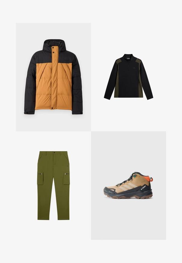 Chaqueta de invierno acolchada negra y marrón con capucha, cremallera frontal cubierta por una solapa con botones y bolsillos laterales en ángulo.; Sweatshirt de manga larga en negro y verde olivo con una cremallera corta en el frente y un pequeño logo en el pecho.; Pantalones cargo verde oliva con ajuste recto, fabricados en un tejido ligero; cuentan con bolsillos laterales con cremalleras y bolsillos frontales con inclinación.; Bota de senderismo marrón y negra con paneles de malla, tres franjas blancas, una puntera reforzada y una suela de goma texturizada para un mejor agarre.