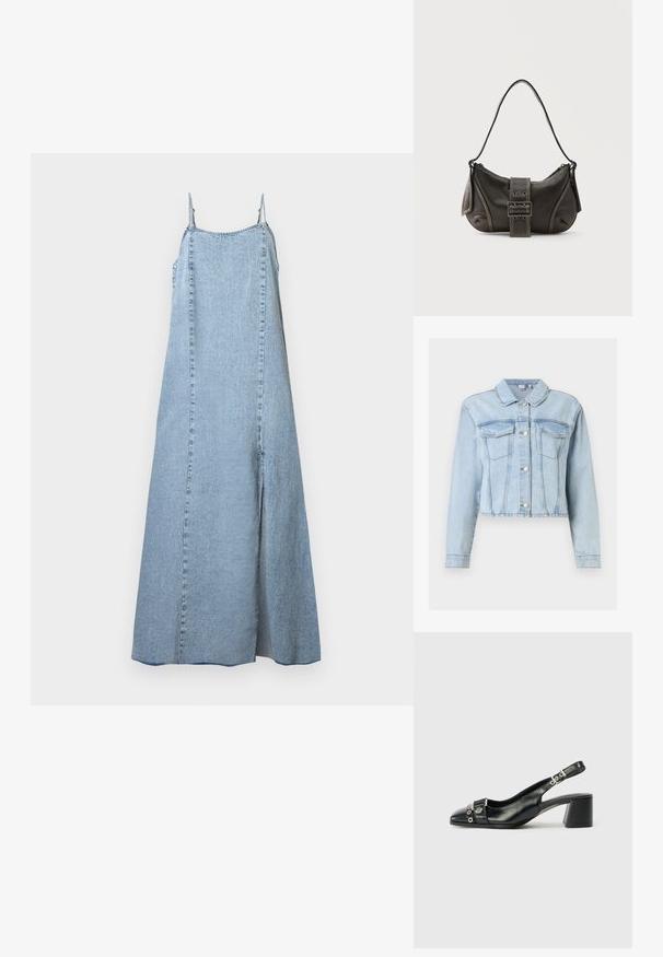 Veste en denim bleu clair à manches longues, fermeture à boutons sur le devant, poches à rabat sur la poitrine et col classique.; Robe maxi en jean bleu clair avec fines bretelles et une fente à l’avant sur fond blanc uni.; Sandale à talon en cuir noir avec un bout pointu, une sangle texturée ornée d'accents métalliques circulaires et un talon empilé.; Sac à épaule en cuir noir avec une sangle à boucle, des bords arrondis et des coutures blanches contrastées sur un fond uni.