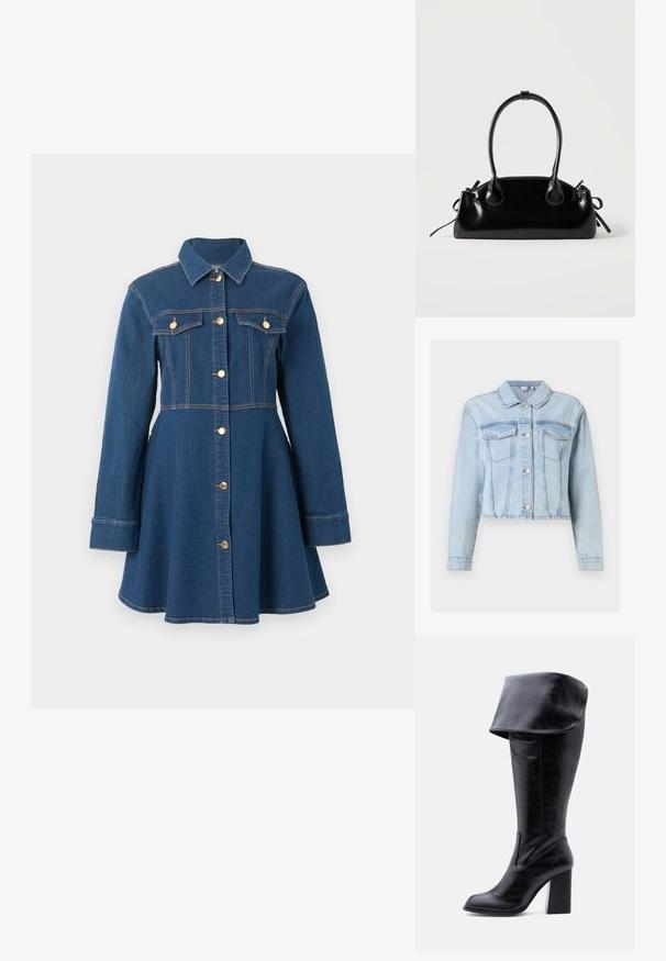 Veste en denim bleu clair à manches longues, fermeture à boutons sur le devant, poches à rabat sur la poitrine et col classique.; Robe veste en denim bleu foncé avec manches longues, fermeture boutonnée devant, col et deux poches poitrine avec rabats et boutons.; Botte haute en cuir noir avec talon, bord plié et bout arrondi, debout sur un fond blanc.; Petit sac à main noir brillant avec deux longues anses et des détails à cordon sur les côtés sur un fond clair uni.