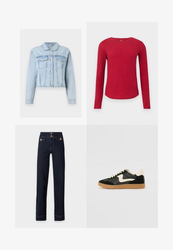 Veste en denim bleu clair à manches longues, fermeture à boutons sur le devant, poches à rabat sur la poitrine et col classique.; Haut rouge en maille côtelée à manches longues, col rond, ourlet incurvé, silhouette ajustée et étiquette GAP à l'intérieur du col.; Jean bleu foncé taille haute avec jambes droites, boutons en cuivre, poches à rabat à l'avant et coutures jaunes visibles.; Baskets en daim et cuir noir avec un swoosh latéral crème et un talon crème clair. Dotées de lacets beige et d'une semelle en caoutchouc gomme.