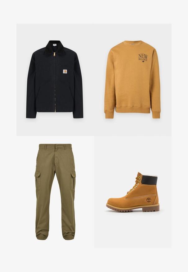 Schwarze Jacke mit Reißverschluss, schwarzem Kragen, vorderen Seitentaschen, Reißverschlusstasche auf der Brust und Carhartt-Logoaufnäher auf der linken Brustseite.; Senfgelbes Sweatshirt mit langem Arm und Rundhalsausschnitt, mit dem "New Balance"-Logo in dunkler Schrift auf der oberen linken Brust.; Grüne Cargo-Hosen mit geradem Schnitt, aus Baumwolle, seitlichen Taschen und Knopfverschluss für Funktionalität. Glatte Textur, lässiges Design.; Braune Leder-Ankle-Boots mit Metallösen, weißem Kunstfellfutter, schwarzem gepolstertem Kragen, robustem Sohlenprofil und geprägtem Logo an der Seite.