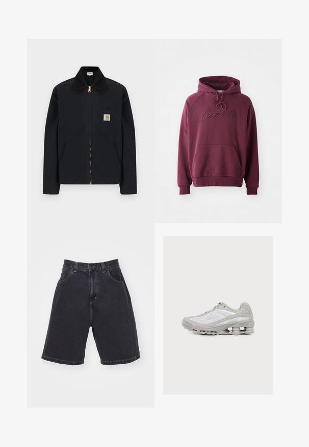 Zwarte jas met ritssluiting, zwarte kraag, steekzakken aan de voorkant, borstzak met rits en Carhartt-logo op de linkerborst.; Bordeaux hoodie gemaakt van zachte stof, met een kangoeroezak, een capuchon met trekkoord en een geborduurd "Carhartt" logo aan de voorkant.; Donkerdenim shorts met een hoge taille, voorzien van twee voorzakken, contrasterende gele stiksels, en een rechte snit met een omgezoomde afwerking.; Lichtgrijze en witte sportschoen met zichtbare veerachtige demping in de zool en een bovenwerk van mesh-stof.