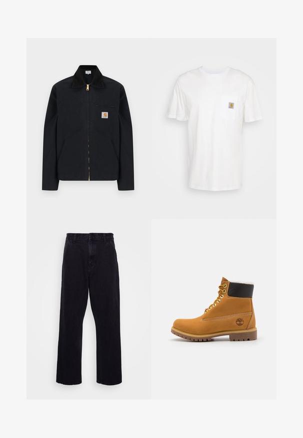 Zwarte jas met ritssluiting, zwarte kraag, steekzakken aan de voorkant, borstzak met rits en Carhartt-logo op de linkerborst.; Witte katoenen t-shirt met korte mouwen, een borstzak en een klein vierkant logo-opdruk in oranje en wit op de zak.; Zwarte denim broek met een rechte pijpdesign, voorzien van een knoop- en ritssluiting, riemlussen en minimale stikdetails.; Bruine leren enkellaars met metalen oogjes, witte faux bont voering, zwarte gewatteerde kraag, robuuste zool en een reliëflogo aan de zijkant.