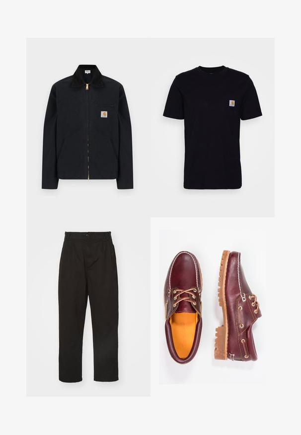 Μαύρο μπουφάν με φερμουάρ, μαύρος γιακάς, πλαϊνές τσέπες μπροστά, τσέπη με φερμουάρ στο στήθος και λογότυπο Carhartt στην αριστερή πλευρά του στήθους.; Μαύρη βαμβακερή μπλούζα με κοντά μανίκια, στρογγυλή λαιμόκοψη και τσέπη στο στήθος που διαθέτει ένα μικρό, τετράγωνο λογότυπο. Απλός, συμπαγής σχεδιασμός.; Μαύρο παντελόνι από λείο ύφασμα, με κουμπί κλεισίματος, ίσια γραμμή και δύο εμπρόσθιες πιέτες για επιπλέον λεπτομέρεια.; Μπορντώ δερμάτινα παπούτσια με καφέ ελαστικές σόλες, στρογγυλή μύτη, λευκή ραφή και χρυσές τρύπες κορδονιών. Η εσωτερική επένδυση διαθέτει κίτρινη φόδρα.