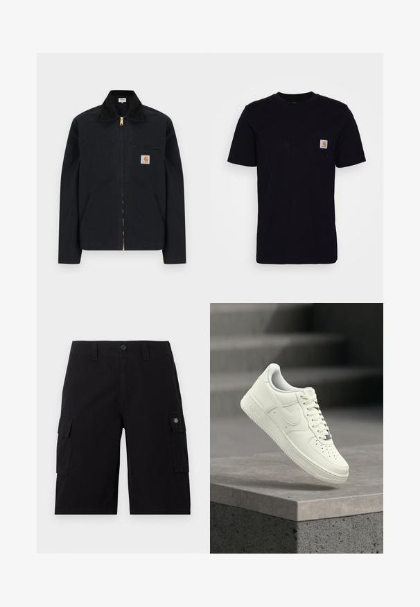 Schwarze Jacke mit Reißverschluss, schwarzem Kragen, vorderen Seitentaschen, Reißverschlusstasche auf der Brust und Carhartt-Logoaufnäher auf der linken Brustseite.; Schwarzes Baumwoll-T-Shirt mit kurzen Ärmeln, rundem Hals und einer Brusttasche, die mit einem kleinen, quadratischen Logo-Patch versehen ist. Einfaches, einfarbiges Design.; Schwarze knielange Cargoshorts mit Knopfverschluss, Gürtelschlaufen und Klappentaschen auf jeder Seite, eine Tasche mit einem kleinen Logo-Patch.; Weißer Ledersneaker mit niedrigem Profil, strukturierter Oberfläche, Perforationen an der Spitze und silbernen Akzenten an den Schnürsenkeln und dem Branding.