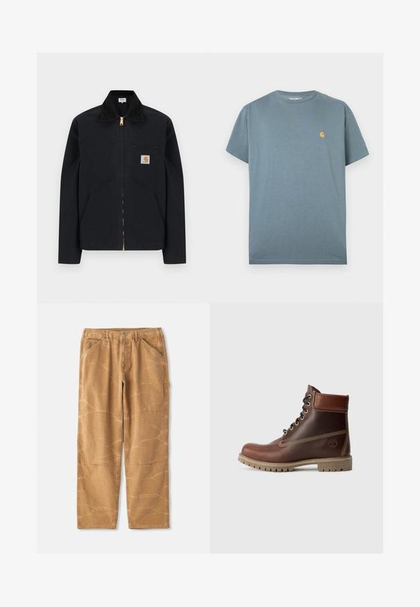 Schwarze Jacke mit Reißverschluss, schwarzem Kragen, vorderen Seitentaschen, Reißverschlusstasche auf der Brust und Carhartt-Logoaufnäher auf der linken Brustseite.; Blaues Carhartt-T-Shirt mit kurzen Ärmeln und kleinem gelbem Logo auf der linken Brust, flach auf weißem Hintergrund liegend.; Beige Baumwollhosen mit lockerem Schnitt, sichtbaren Nähten, Patches und einer leicht zerknitterten Textur.; Braune Leder-Schnürstiefelette mit gepolsterter Knöchelpartie, kontrastierenden Nähten und robustem Sohlendesign, von der Außenseite auf einem weißen Hintergrund gezeigt.