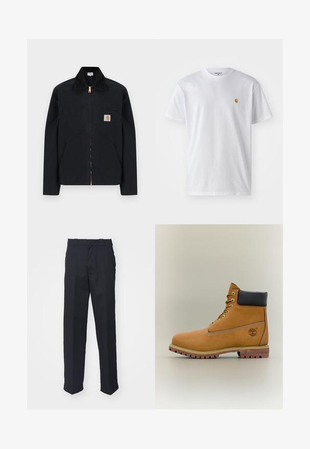 Schwarze Jacke mit Reißverschluss, schwarzem Kragen, vorderen Seitentaschen, Reißverschlusstasche auf der Brust und Carhartt-Logoaufnäher auf der linken Brustseite.; Weißes Baumwoll-T-Shirt mit kurzen Ärmeln, Rundhalsausschnitt, mit einem kleinen goldenen Logo im linken Brustbereich. Weicher Stoff und normale Passform.; Schwarze maßgeschneiderte Hose mit geradem Schnitt, aus glattem Stoff gefertigt, mit einem Bund mit Gürtelschlaufen und ohne sichtbare Muster oder Beschläge.; Brauner Leder-Stiefelette mit schwarzem Kragen, gelben Schnürsenkeln und hellbrauner Sohle. Verfügt über ein Logo und weiße Ziernähe. Robuste Profilsohle.