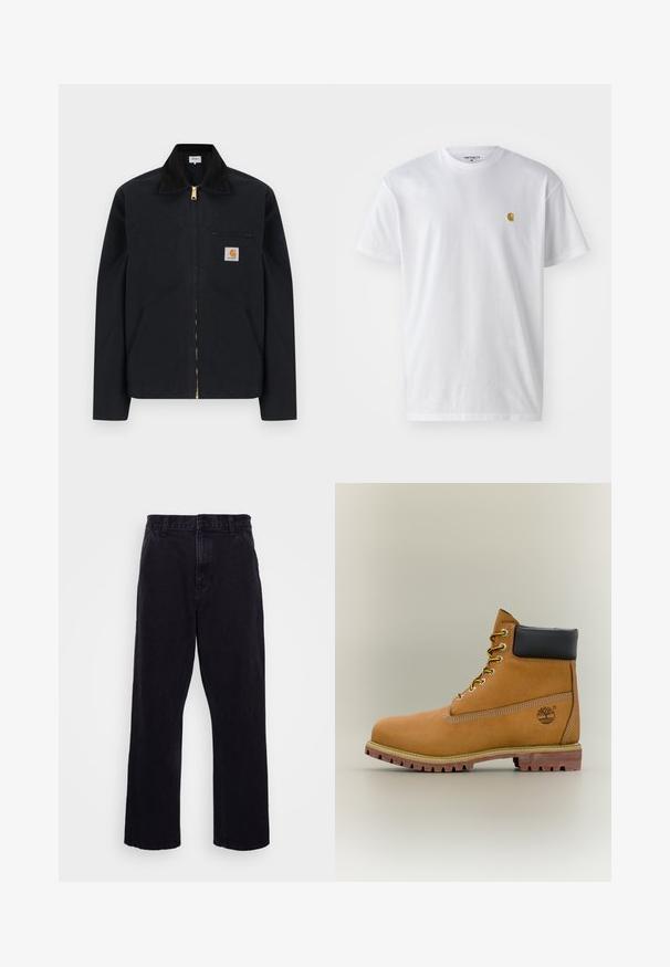 Schwarze Jacke mit Reißverschluss, schwarzem Kragen, vorderen Seitentaschen, Reißverschlusstasche auf der Brust und Carhartt-Logoaufnäher auf der linken Brustseite.; Weißes Baumwoll-T-Shirt mit kurzen Ärmeln, Rundhalsausschnitt, mit einem kleinen goldenen Logo im linken Brustbereich. Weicher Stoff und normale Passform.; Schwarze Jeanshose mit geradem Bein, ausgestattet mit einem Knopf- und Reißverschluss, Gürtelschlaufen und minimalen Nähdetails.; Brauner Leder-Stiefelette mit schwarzem Kragen, gelben Schnürsenkeln und hellbrauner Sohle. Verfügt über ein Logo und weiße Ziernähe. Robuste Profilsohle.