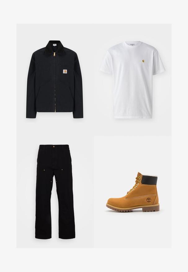 Schwarze Jacke mit Reißverschluss, schwarzem Kragen, vorderen Seitentaschen, Reißverschlusstasche auf der Brust und Carhartt-Logoaufnäher auf der linken Brustseite.; Weißes Baumwoll-T-Shirt mit kurzen Ärmeln, Rundhalsausschnitt, mit einem kleinen goldenen Logo im linken Brustbereich. Weicher Stoff und normale Passform.; Schwarze Denim-Hosen mit geradem Bein, ausgestattet mit goldenen Hardware-Akzenten und sichtbaren Nähten an den Vorder- und Gesäßtaschen.; Braune Leder-Ankle-Boots mit Metallösen, weißem Kunstfellfutter, schwarzem gepolstertem Kragen, robustem Sohlenprofil und geprägtem Logo an der Seite.