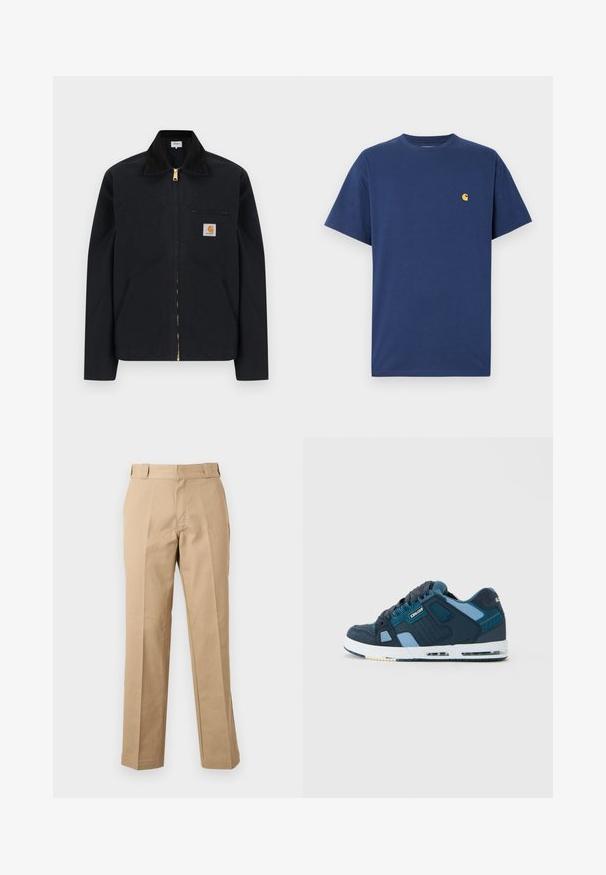 Schwarze Jacke mit Reißverschluss, schwarzem Kragen, vorderen Seitentaschen, Reißverschlusstasche auf der Brust und Carhartt-Logoaufnäher auf der linken Brustseite.; Navyblaue Baumwoll-T-Shirt mit kurzen Ärmeln, Rundhalsausschnitt und einem kleinen gelben Logo auf der linken Brust. Glatte Textur, lockere Passform.; Beige gerade Hose mit Gürtelschlaufen, vorderem Reißverschluss und gebügelten Bügelfalten, vor weißem Hintergrund dargestellt.; Dunkelblaue und hellblaue Low-Top-Sneaker mit schwarzen Schnürsenkeln und sichtbarem Luftpolster in weißer Sohle, Seitenansicht vor einfarbigem Hintergrund.