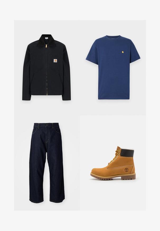 Schwarze Jacke mit Reißverschluss, schwarzem Kragen, vorderen Seitentaschen, Reißverschlusstasche auf der Brust und Carhartt-Logoaufnäher auf der linken Brustseite.; Navyblaue Baumwoll-T-Shirt mit kurzen Ärmeln, Rundhalsausschnitt und einem kleinen gelben Logo auf der linken Brust. Glatte Textur, lockere Passform.; Dunkelblaue Jeanshose mit lockerer Passform, ausgestattet mit einem Knopfverschluss, Gürtelschlaufen und gelben Nähten an Taschen und Säumen.; Braune Leder-Ankle-Boots mit Metallösen, weißem Kunstfellfutter, schwarzem gepolstertem Kragen, robustem Sohlenprofil und geprägtem Logo an der Seite.