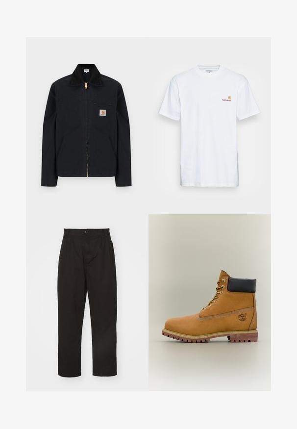 Schwarze Jacke mit Reißverschluss, schwarzem Kragen, vorderen Seitentaschen, Reißverschlusstasche auf der Brust und Carhartt-Logoaufnäher auf der linken Brustseite.; Weißes Baumwoll-T-Shirt mit kurzen Ärmeln. Entworfen mit einem kleinen orangefarbenen und kastanienbraunen Logo auf der linken Brust. Verfügt über einen klassischen Rundhalsausschnitt.; Schwarze Hose aus glattem Stoff, mit Knopfverschluss, geradem Schnitt und zwei vorderen Falten für zusätzlichen Detail.; Brauner Leder-Stiefelette mit schwarzem Kragen, gelben Schnürsenkeln und hellbrauner Sohle. Verfügt über ein Logo und weiße Ziernähe. Robuste Profilsohle.