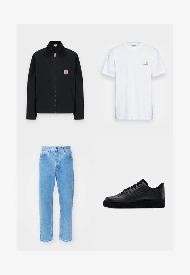 Schwarze Jacke mit Reißverschluss, schwarzem Kragen, vorderen Seitentaschen, Reißverschlusstasche auf der Brust und Carhartt-Logoaufnäher auf der linken Brustseite.; Weißes Baumwoll-T-Shirt mit kurzen Ärmeln. Entworfen mit einem kleinen orangefarbenen und kastanienbraunen Logo auf der linken Brust. Verfügt über einen klassischen Rundhalsausschnitt.; Hellblaue Denim-Jeans verfügen über ein gerades Bein-Design, fünf Taschen und einen klassischen Knopfverschluss am Bund.; Schwarzer Nike Air Force 1 Schuh mit einem glatten Lederoberteil, perforierter Zehenpartie für Atmungsaktivität, schwarzen Schnürsenkeln und einer strukturierten Gummisohle.