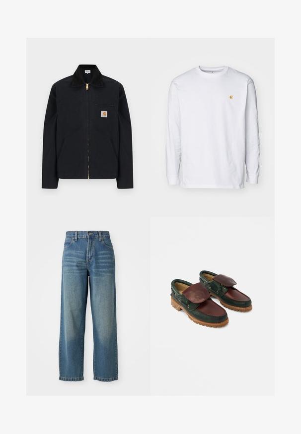 Zwarte jas met ritssluiting, zwarte kraag, steekzakken aan de voorkant, borstzak met rits en Carhartt-logo op de linkerborst.; Witte lange mouwen t-shirt van katoen. Voorzien van een klein gouden logo op de borst en een ronde hals. Eenvoudig ontwerp en standaard pasvorm.; Lichtblauwe denim wijde broek met een hoge taille, vijf zakken en een licht vervaagde afwerking. Voorzien van een knoop- en ritsclosure.; Leren schoenen met een donkergroene body en een wijnrode bovenkant, een ronde neus, een beveiligde klep en een gestructureerde rubberen zool met groeven.