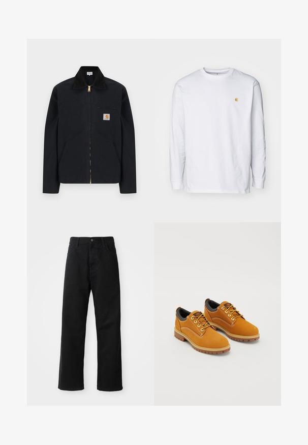 Schwarze Jacke mit Reißverschluss, schwarzem Kragen, vorderen Seitentaschen, Reißverschlusstasche auf der Brust und Carhartt-Logoaufnäher auf der linken Brustseite.; Weißes Langarm-T-Shirt aus Baumwolle. Mit kleinem goldenem Logo auf der Brust und Rundhalsausschnitt. Einfaches Design und normale Passform.; Schwarze Jeans mit geradem Schnitt, ausgestattet mit Fronttaschen, einem Reißverschluss und einem einzelnen oberen Knopf. Texturiert mit matter Oberfläche.; Braune Wildlederschuhe mit einer runden Zehenpartie, gelben Schnürsenkeln, einem gepolsterten schwarzen Kragen und Gummisohlen mit Rillen für besseren Halt.