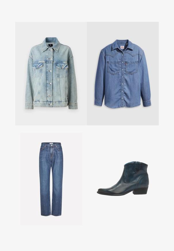 7 for all mankind OLI TRUCKER - Farkkutakki - light blue; Vaaleansininen farkkupaita, jossa on terävä kaulus, kaksi rintataskua ja nepparit. Päällä länkkärityylinen yläosamuotoilu.; Vaaleansiniset farkut suoralla lahkeella, varustettu napilllisella sulkemisella, viiden taskun tyylillä ja hienovaraisella kulumisella kankaassa.; Kowboynilkappen, joka on valmistettu tummansinisestä nahasta, jossa on terävä kärki, kaarevat yksityiskohdat ja matala pinottu korko hienovaraisilla ompeluyksityiskohdilla.