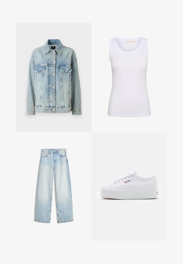 7 for all mankind OLI TRUCKER - Farkkutakki - light blue; Valkoinen ribbattu hihaton toppi pyöreällä kaula-aukolla, pieni merkkitunniste kauluksen sisäpuolella ja vartalonmyötäinen leikkaus.; Vaaleansiniset farkut, joissa on leveät lahkeet, korkea vyötärö, viisi taskua, napp closure ja haalistunut viimeistely. Suorat, väljät lahkeet.; Valkoinen kanvaslenkkari, jossa on paksu valkoinen alustapohja, pyöreä kärki ja metalliset silmukat nauhoille. Brändilogo näkyy sivulla.