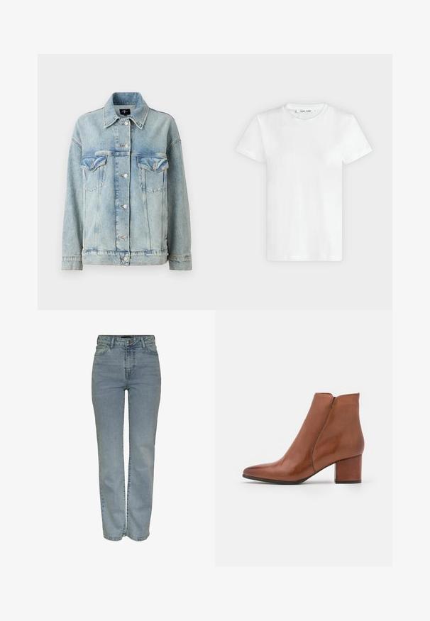 7 for all mankind OLI TRUCKER - Teksajakk - light blue; Lihtne valge lühikeste varrukatega ümara kaelusega T-särk, tasapinnaliselt heleda halli tausta peal, näidates esikülge koos krae siseküljel oleva sildiga.; Heledad sinine kõrge vöökohaga sirged teksad, ees nupuga ja lukuga sulgemine, viis taskut ja vöökoht.; Pruunist nahast pahkluu saabas terava varba, keskmise ploki kontsaga ja minimaalsete õmbluste detailidega. Sile tekstuur poleeritud viimistlusega.