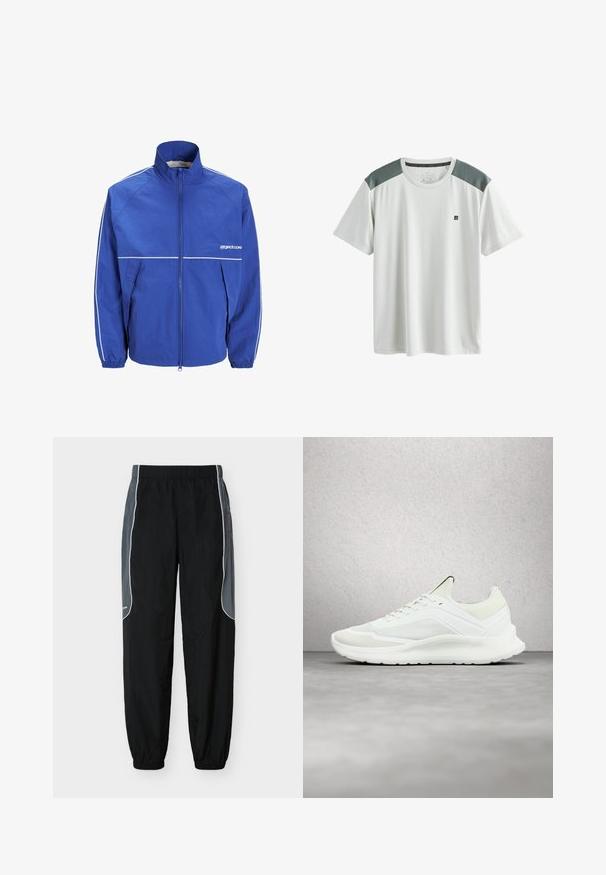 Chaqueta rompevientos azul con cuello alto, cremallera frontal, puños elásticos y detalles en blanco en las mangas y el pecho. Tejido ligero y texturizado.; Camiseta deportiva blanca de manga corta con paneles de malla grises en los hombros y un pequeño logo negro en el pecho izquierdo.; Pantalones de chándal negros con paneles laterales gris oscuro y ribete blanco, cintura y puños elásticos, exhibidos sobre un fondo blanco.; Zapatilla blanca Calvin Klein con detalles de malla y cordones, flotando sobre un suelo de cemento junto a una pared de bloques de vidrio.