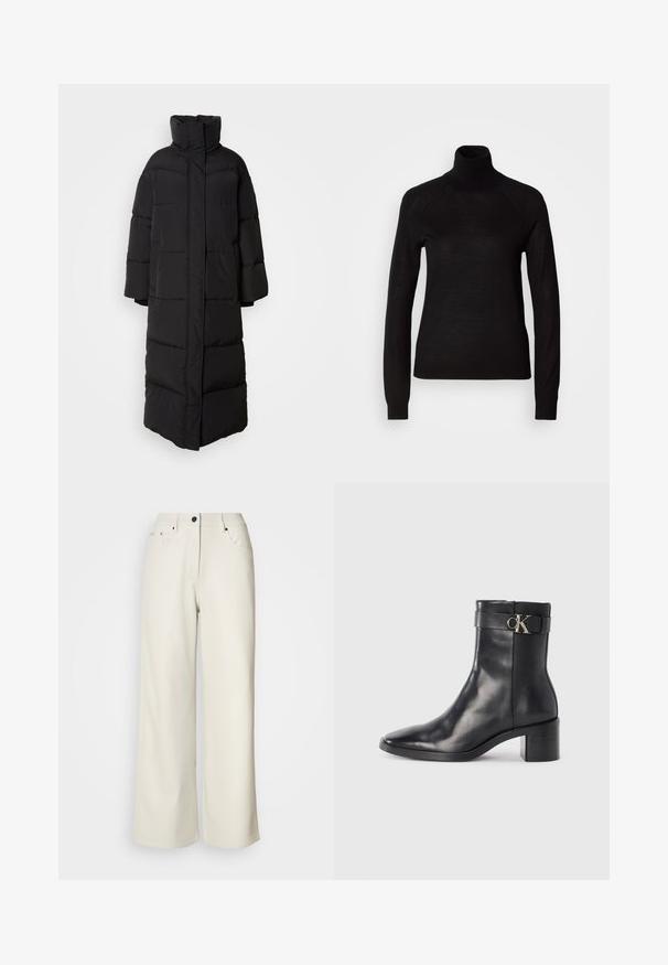Lang, sort pufferjakke med høj krave, brede ærmer og lodrette quiltede sektioner, med et rent, lukket frontdesign.; Sort turtleneck sweater lavet af et let strikket stof. Har lange ærmer og en tætsiddende silhuet med raglan-sømme.; Cremefarvede bukser med brede ben lavet af glat stof. Har en mellemhøj talje, lynlås i gulvet og to frontlommer med sorte hardware accenter.; Sort læder ankelstøvle med spids tå, blokhæl og en rem med en metallisk logo detalje. Glat tekstur og minimalistisk design.