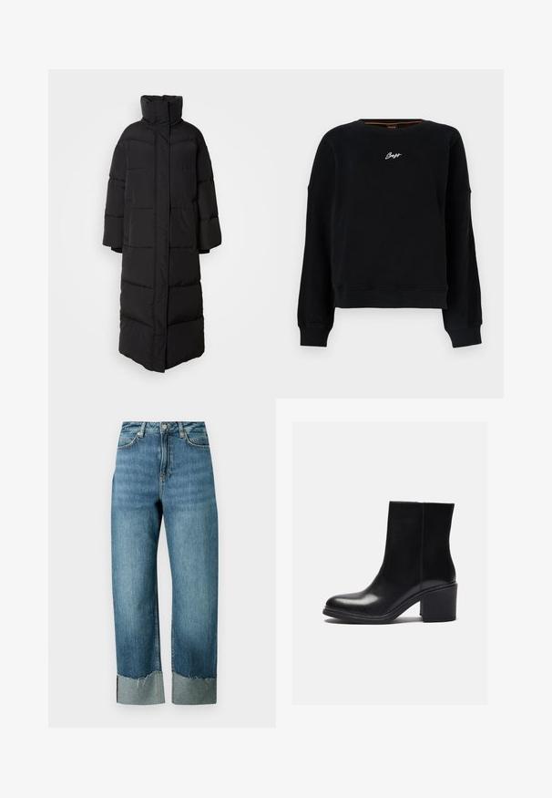 Langer, schwarzer Puffer-Mantel mit hohem Kragen, weiten Ärmeln und vertikalen Steppnähten, der ein schlichtes, geschlossenes Frontdesign aufweist.; Schwarzer Langarm-Sweatshirt mit gerippten Bündchen und Saum, mit kleinem weißem "Boss"-Logo in der Mitte der Brust.; Hellblaue Jeans aus Denim mit lockerem, geradem Schnitt. Verfügt über einen ausgefransten Saum und kontrastierende Umschlagdetails. Fünf-Taschen-Design mit Knopfverschluss.; Schwarze Lederstiefelette mit runder Zehenform und Blockabsatz. Glatte Textur, klare Linien und minimale Nähte.