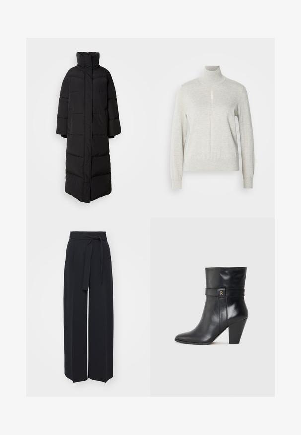 Lang, sort pufferjakke med høj krave, brede ærmer og lodrette quiltede sektioner, med et rent, lukket frontdesign.; Lys grå sweater med høj krave og kvart lynlås. Lavet af et blødt, struktureret materiale, der har lange ærmer og en tætsiddende kant.; Vide sorte bukser lavet af blød stof. Har en bælteholdbar talje og frontfolder. Glat tekstur med et rent, moderne design.; Tommy Hilfiger Højhælede støvletter - black