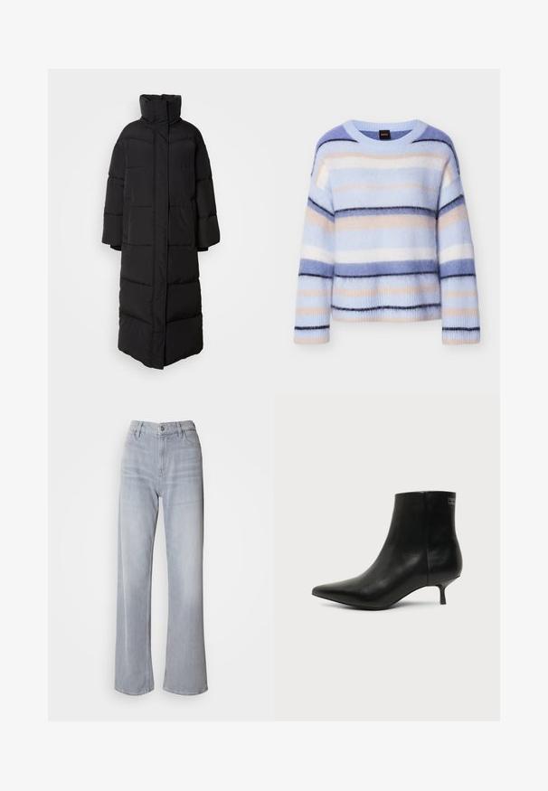 Lang, sort pufferjakke med høj krave, brede ærmer og lodrette quiltede sektioner, med et rent, lukket frontdesign.; Stribet sweater i lyseblå, sart rosa og marineblå. Blød, fluffy tekstur med rund hals og ribbet kant ved ærmerne. Letvægt og afslappet pasform.; Lys grå vidde jeans med høj talje, lavet af denim. Har forlommer, lynlås og subtil falmen over det hele.; Sort læder ankelstøvle med spids tå og lav kitten hæl på lys baggrund, der viser yderside.