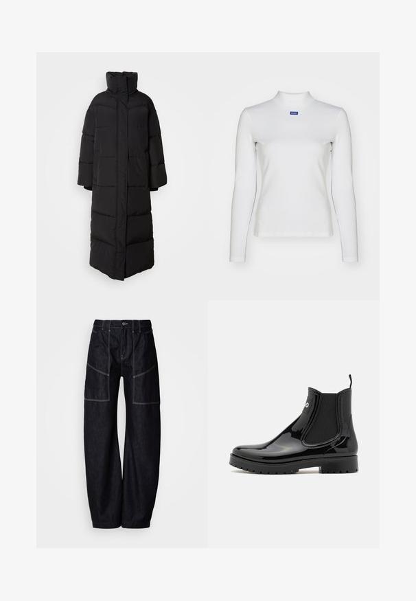 Lange, zwarte pufferjas met een hoge kraag, brede mouwen en verticale gewatteerde delen, met een strakke, gesloten voorkant.; Witte lange mouw turtleneck top van rekbare stof, met een strakke pasvorm en een klein blauw logo op de borst.; Donkere denim wijde broek met meerdere voorzakken, contrasterende stiksels en een knoopsluiting in de taille. Glad oppervlak en casual ontwerp.; HUGO TABITA - Regenlaarzen - black