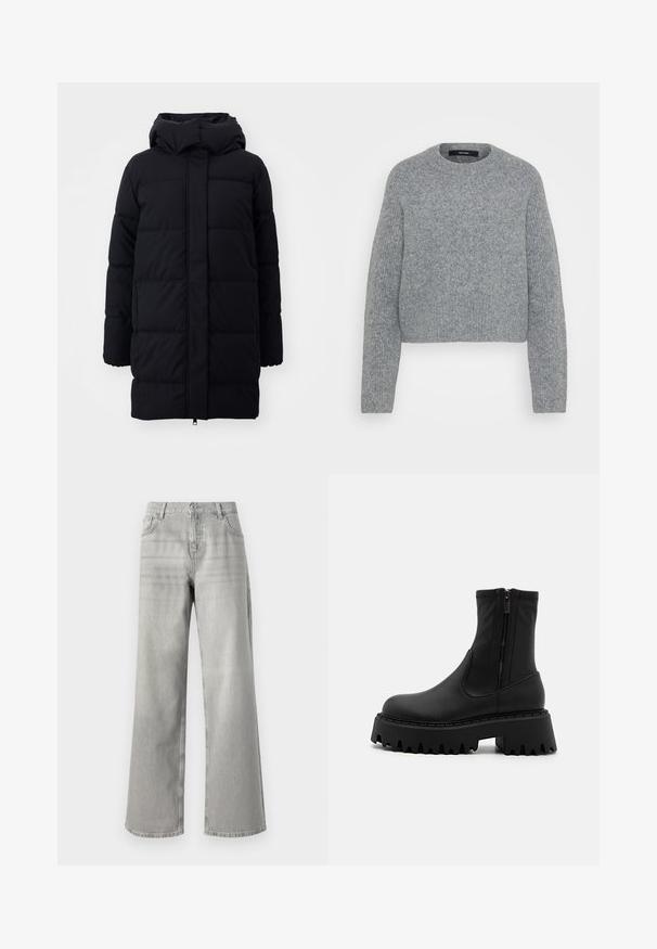 Abrigo acolchado negro con capucha, que presenta una textura suave, diseño acolchado y cremallera frontal. Llega hasta la mitad del muslo.; Suéter de punto gris suave de manga larga con cuello redondo y puños, dobladillo y escote acanalados, exhibido sobre un fondo liso.; Jeans de pierna ancha grises con cintura alta, hechos de denim. Presenta dos bolsillos frontales y un diseño limpio, sin adornos.; Botines negros de tobillo hechos de material sintético mate, con cremallera lateral, suela de plataforma gruesa con bordes serrados y costuras reforzadas.