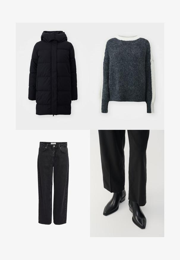 Sort pufferjakke med hætte, der har en glat overflade, quiltet design og frontlynlås. Falder til midt på låret.; Mørkegrå strikket sweater med en struktureret overflade. Æblefarvede ærmer og krave. Kasseformet, ribbede kanter. Blødt uldblandingsmateriale.; Sort denim bukser med vide ben og høj talje, fem-lomme design og lynlåsgylp. Glat tekstur med minimale synlige syningsdetaljer.; Sorte læder ankelstøvler med spids tå, glat tekstur og firkantet hæl. Kombinationen med sorte, vide bukser skaber en slank silhuet.