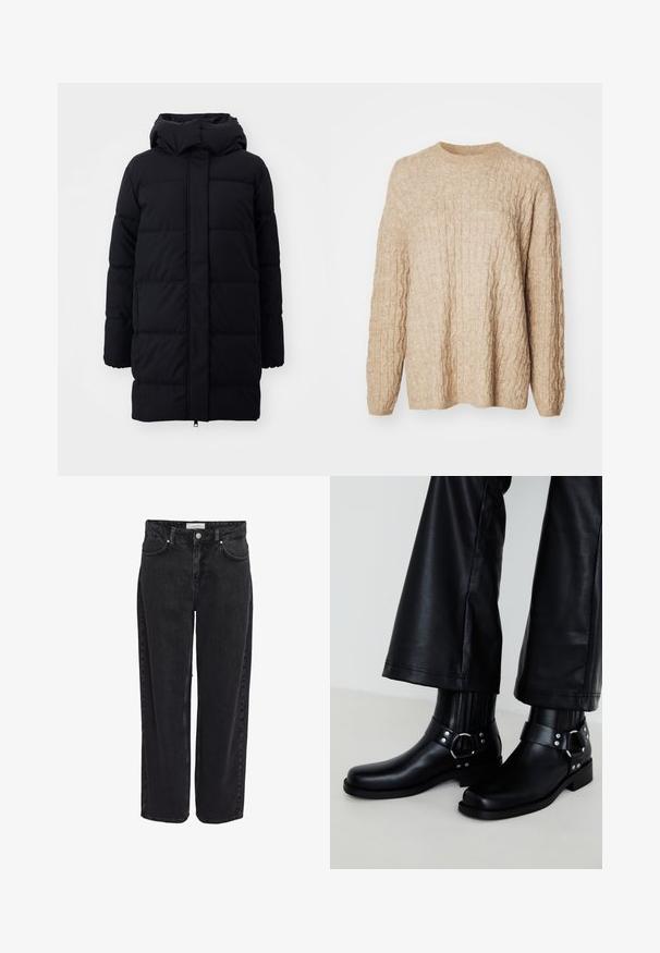 Abrigo acolchado negro con capucha, que presenta una textura suave, diseño acolchado y cremallera frontal. Llega hasta la mitad del muslo.; Suéter de punto beige con un diseño de cable texturizado, cuello redondo y mangas largas. La tela parece suave y gruesa.; Jeans de mezclilla negra de pierna ancha con cintura alta, diseño de cinco bolsillos y cierre de cremallera. Textura suave con detalles mínimos de costuras visibles.; Botines de cuero negro con punta redonda, que cuentan con una hebilla decorativa y tachuelas en la correa, además de un diseño acanalado vertical.