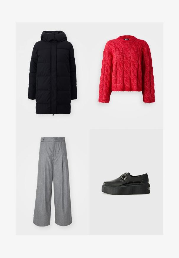 Abrigo acolchado negro con capucha, que presenta una textura suave, diseño acolchado y cremallera frontal. Llega hasta la mitad del muslo.; Suéter rojo de punto con cuello redondo, manga larga y diseño corto. El material parece suave y presenta un patrón texturizado.; Pantalones de pierna ancha grises, confeccionados en una tela suave, con una cintura alta, pliegues frontales y una etiqueta de logo sutil en la cinturilla.; Replay NATHY DARK - Mocasines - black