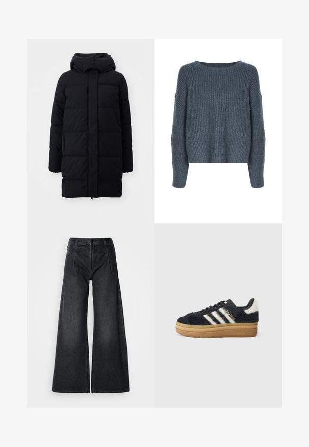 Čierna nafukovacia bunda s kapucňou, vyrobená z hladkého materiálu, s prešívaným dizajnom a predným zipsom. Dĺžka do polovice stehna.; Weekday IVY - Svetrík - dark grey; Čierne široké rifľové nohavice vyrobené z denimu, s vysokým pásom, dvoma prednými vreckami a viditeľným šitím so subtílnym textúrovaným povrchom.; Čierne chlpaté tenisky s bielymi pruhmi a zlatým písmom, s hrubou gumovou podrážkou a textúrovaným vrchom. Ozdobené fuzzy chrbátom.