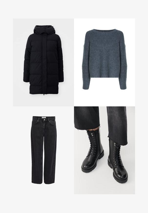 Mustast puffer-koot, millel on kapuuts, sile tekstuur, tikandiga disain ja esikülje lukk. Ulatub keskele reide.; Weekday IVY - Džemper - dark grey; Mustad teksapüksid laia säärega, kõrge vöökohaga, viie taskuga ja lukuhaagisega. Sile tekstuur, minimaalsete nähtavate õmbluste detailidega.; Mustad mustajalatsid, mis on valmistatud siledast nahast, nöörkinnitusega ja külgzipperiga. Tülikas tald ja detailsete silmadega lisavad tekstuuri.