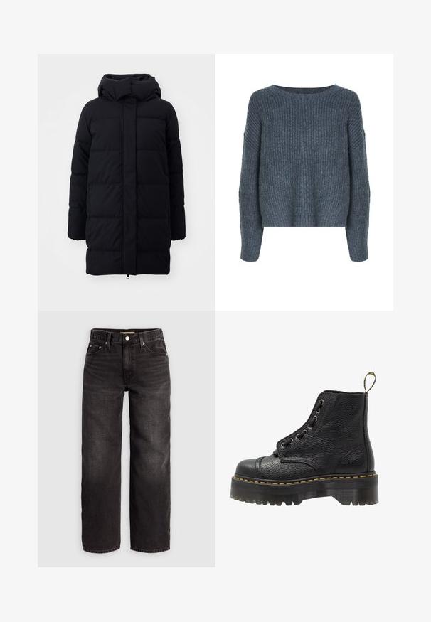 Mustast puffer-koot, millel on kapuuts, sile tekstuur, tikandiga disain ja esikülje lukk. Ulatub keskele reide.; Weekday IVY - Džemper - dark grey; Levi's® BAGGY DAD - Baggy fit teksad - shrink up; Mustad musta nahast ankle botased tekstureeritud pinnaga, ümar nina, paeltega disain, kollased õmblused ja paks, soonikuline must platvormsool.
